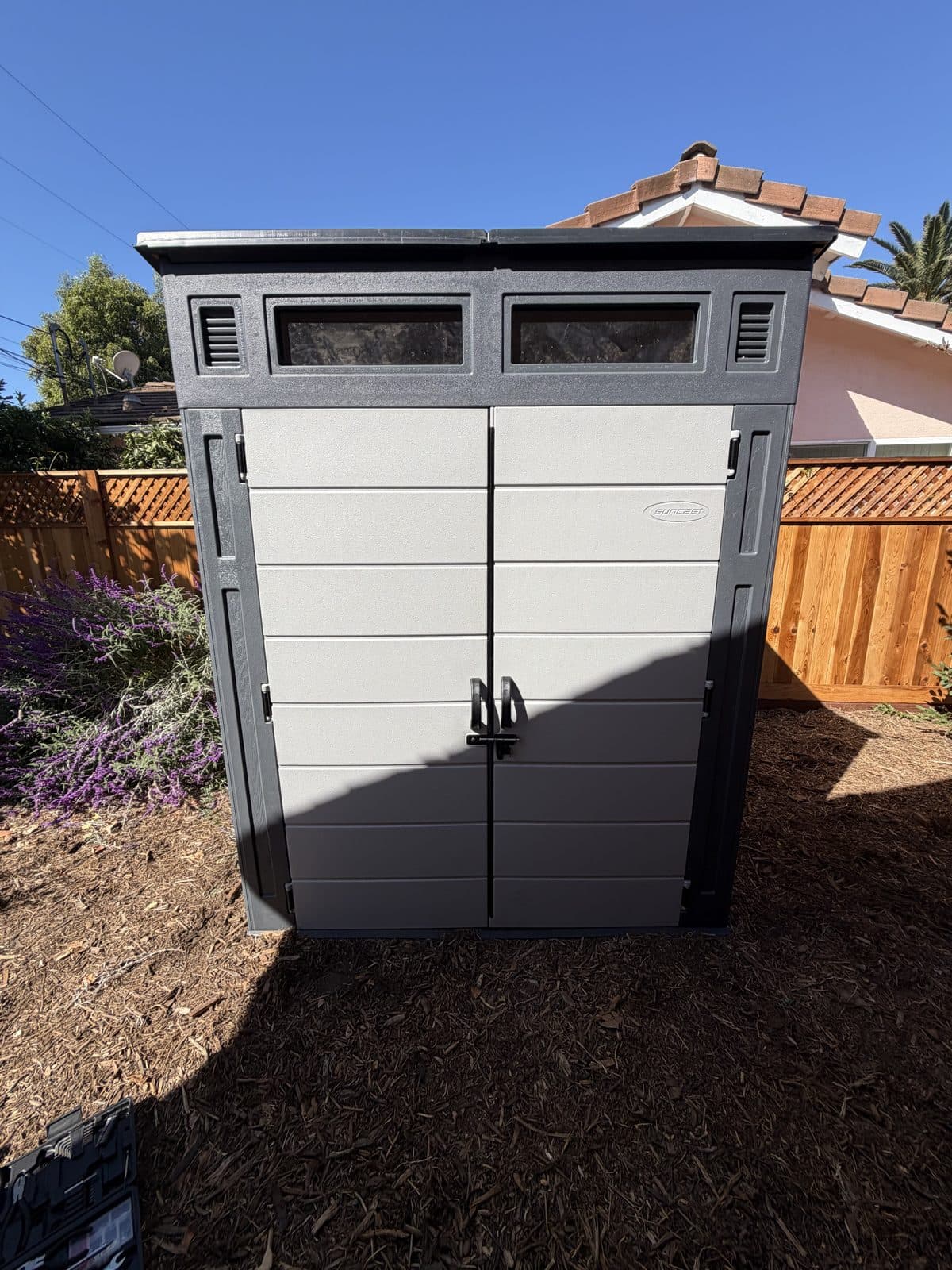 Finished outdoor storage shed, front view